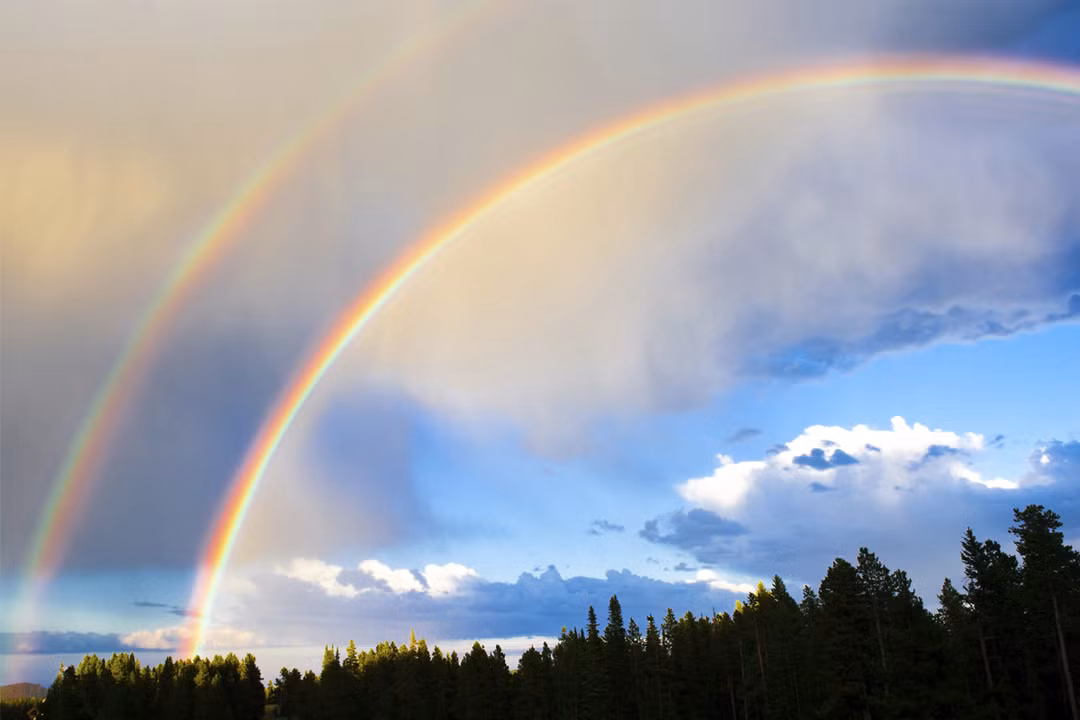 Cầu vồng thứ hai có màu nhạt hơn và thứ tự màu ngược lại so với cầu vồng chính, và thường khó thấy hơn. (Ảnh: Spiderum)