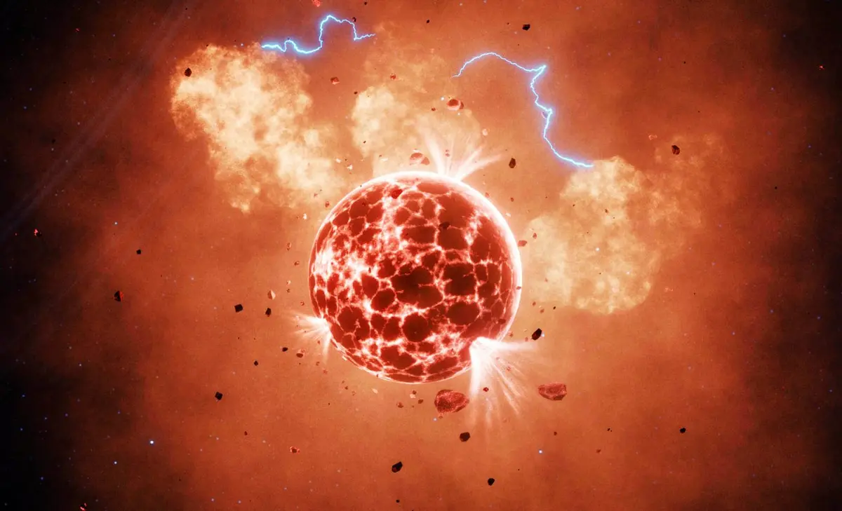 Mặt trăng này được cho là một phiên bản ngoài hệ Mặt Trời của mặt trăng Io của Sao Mộc, với hàng trăm ngọn núi lửa đang hoạt động.(Ảnh: Earth)