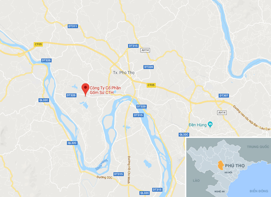Công ty CP Gốm Sứ Thanh Hà - CTH ở khu 6, phường Thanh Vinh, thị xã Phú Thọ, tỉnh Phú Thọ. Ảnh: Google Maps.