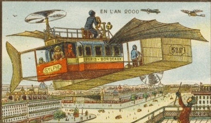 Dự đoán bất ngờ về xe bus bay trên bầu trời ở Bordeaux, Pháp có từ 100 năm trước. Ngày nay, các nhà khoa học đang nghiên cứu và phát triển ô tô bay. Điều này cho thấy tiên đoán của người xưa khá chính xác.