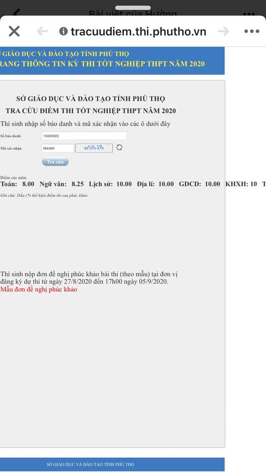 Nữ sinh Phú Thọ cho biết sau khi Bộ GD&amp;ĐT Công bố đáp án, em tự tính tổ hợp Khoa học Xã hội (gồm các môn Lịch sử, Địa lý, Giáo dục Công dân) đạt tuyệt đối 30. Vì vậy, kết quả thi chính thức không gây bất ngờ. 