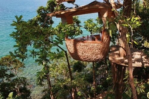 Treepoddining, Soneva Kiri Resort, Thái Lan: Du khách đến đây sẽ được thưởng thức những bữa ăn được phục vụ tại những nhà hàng bằng tre, và treo lơ lửng trên cây. Nhà hàng kỳ dị nhất thế giới này là địa điểm tuyệt vời để ngắm bờ biển cát trắng trong khi thưởng thức những ly rượu ngon.