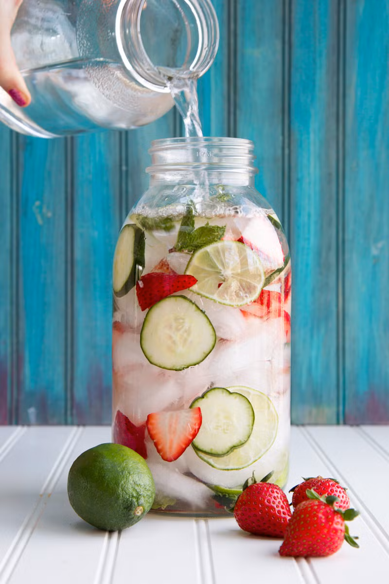 Nguyên liệu: 3 lá húng quế, thái nhỏ, 1 quả dâu tây cắt lát, 5 miếng dưa leo cắt mỏng, đá viên, 500 ml nước. Cách làm: Cho tất cả các nguyên liệu vào bình thuỷ tinh lớn, để nguyên 5 phút cho ngấm, dùng trong vòng 24 tiếng.