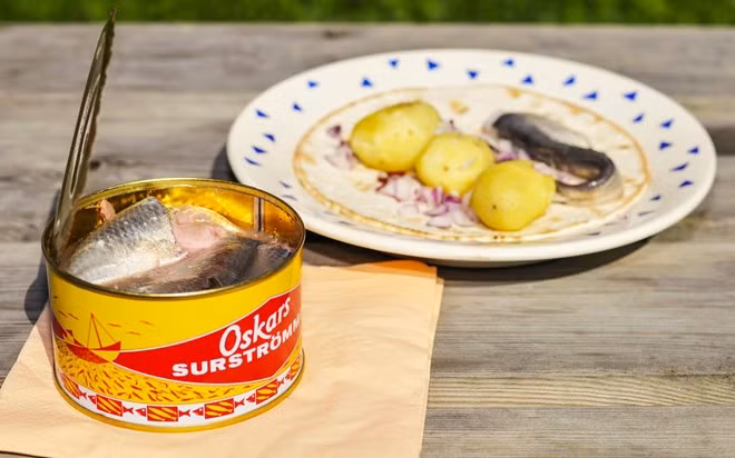 Surströmming, Bắc Thụy Điển: Nếu muốn thử thách bản thân, bạn nên mua một hộp surströmming, hay còn gọi là cá trích thối. Cá trích đánh bắt vào mùa xuân được để lên men vài tháng trước khi đóng hộp, để thêm 6 tháng nữa. Mùi cá khi mở hộp khó chịu đến mức khiến nhiều người buồn nôn.