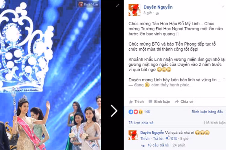 Trên trang cá nhân, Kỳ Duyên cũng gửi lời chúc mừng đến người kế nhiệm ngôi vị của mình kèm lời nhắn nhủ: “Duyên mong Linh hãy luôn bản lĩnh và vững tin”. 