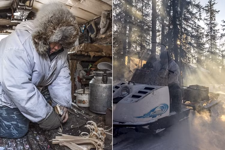 Ion Maxsimovic chuẩn bị gỗ cho bếp lò ở lều săn mùa đông của mình. Anh dậy nhiều lần trong đêm để giữ lửa cháy liên tục. Nhiệt độ ở đây có thể xuống tới -50 độ C. 