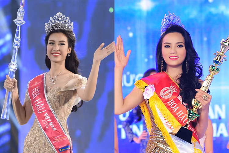 Cùng sinh năm 1996 nhưng Đỗ Mỹ Linh (trái) đăng quang Hoa hậu Việt Nam 2016 trong khi 2 năm trước, Kỳ Duyên giành vương miện cuộc thi này. 