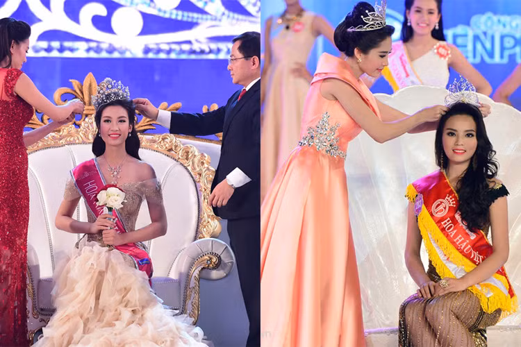 Trong khoảnh khắc được xướng tên ở ngôi vị cao nhất, cả Hoa hậu Đỗ Mỹ Linh và Kỳ Duyên đều không giấu được cảm giác bất ngờ trước kết quả. 