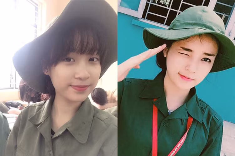 Cùng diện trang phục lính trong kỳ học quân sự, Đỗ Mỹ Linh và Kỳ Duyên trông trẻ trung, đáng yêu đúng tuổi 9x. 