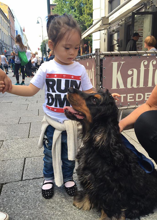 Nhóc tì nhà Đoan Trang bị thu hút bởi một chú chó dễ thương trên đường phố Oslo. 