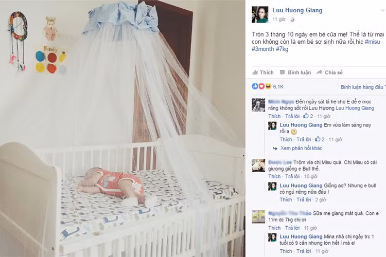 Mới đây, trên trang cá nhân, Lưu Hương Giang đăng tải hình ảnh cô con gái thứ 2 đang ngủ say sưa đồng thời tiết lộ rằng bé đã tròn 100 ngày tuổi và nặng 7kg.