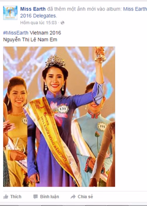 Tuy nhiên, cuối tháng 7/2016, trang fanpage chính thức của cuộc thi Hoa hậu Trái đất đăng ảnh của Hoa khôi Nam Em và xác nhận người đẹp gốc Kiên Giang chính là đại diện nhan sắc của Việt Nam tại cuộc thi năm nay. 