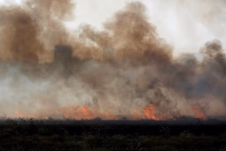 Một cánh đồng bên phần đất Israel bốc cháy sau khi bén lửa từ một con diều do người Palestine thả sang.