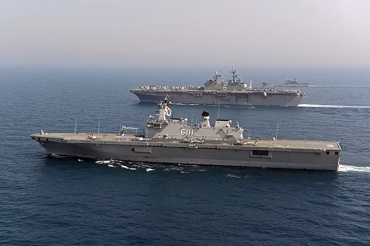 Trong ảnh là tàu đổ bộ ROKS Dokdo của Hàn Quốc và tàu đổ bộ tấn công lớp Wasp cua Hải quân Mỹ, các tàu Wasp có lượng giãn nước tối đa lên đến 40.000 tấn nhưng chiều dài của nó chỉ khoảng 100 mét. Nguồn ảnh: Wikipedia.