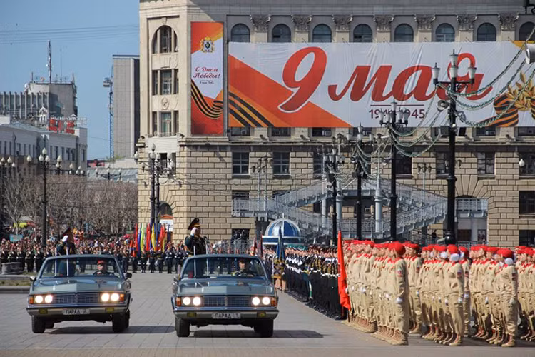 Quang cảnh lễ duyệt binh tại Belogorsk sáng nay 9/5. Nguồn ảnh: Bộ Quốc phòng Nga.