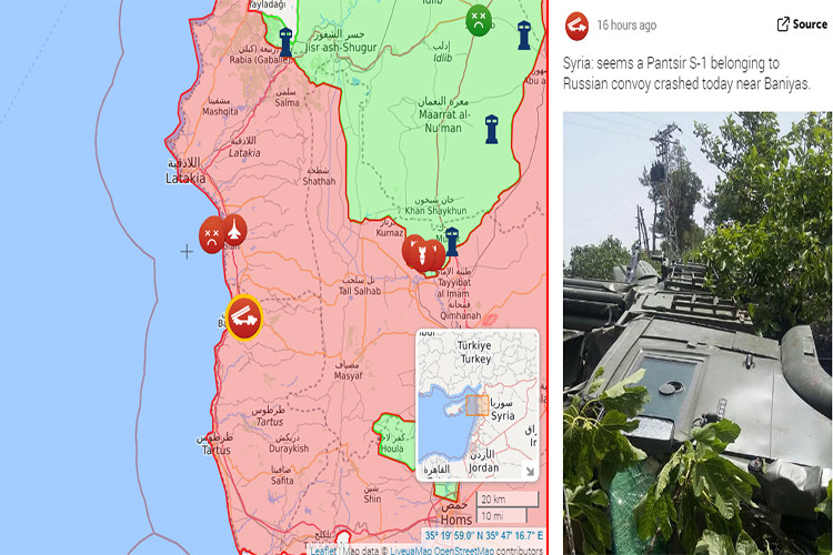 Theo hình ảnh được liveuamap đăng tải trong hôm 3/5, một tổ hợp tên lửa – pháo phòng không Pantsir-S1 của Quân đội Nga đã lật nhào trong khi đang di chuyển và chịu hư hại khá nặng, rất may là vụ việc trên không gây thiệt hại về người. Nguồn ảnh: liveuamap.
