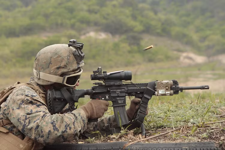 Điển hình có thể thấy Lính thủy Đánh bộ Mỹ đang được trang bị tới hai dòng trường tấn công gồm M27 IAR (Heckler &amp; Koch 416) và M38 SDMR cả hai đều sử dụng đạn 5.56mm. Ở một số đơn vị đặc biệt của Quân đội Mỹ họ còn được trang bị cả các dòng súng trường sử dụng đạn tiêu chuẩn 7,62x51mm NATO. Nguồn ảnh: Wikipedia.