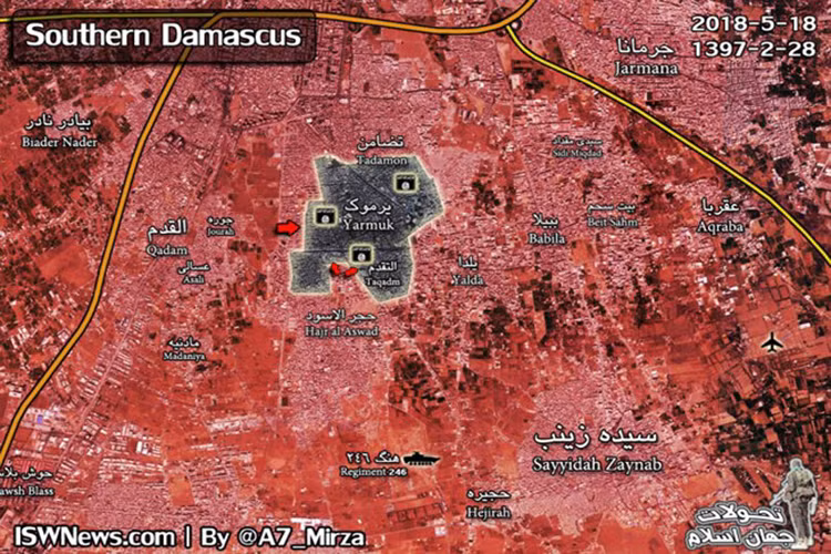 Theo RT đưa tin, sau thỏa thuận ngừng bắn sẽ là một thỏa thuận di tản, cho phép hơn 1.700 tay súng IS và thân nhân gia đình di chuyển về một khu vực không được nêu rõ trong thông tin. Hình ảnh bản đồ chiến sự ở quận Yarmouk hiện tại. Ảnh: ISWnews.