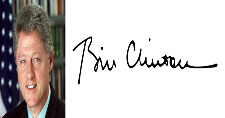 Chữ ký của cựu Tổng thống Mỹ Bill Clinton. Ông là tổng thống thứ 42 của nước Mỹ từ năm 1993 đến năm 2001.