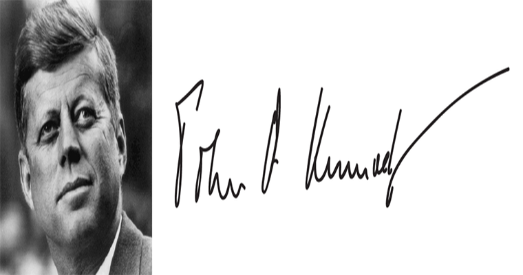 Chữ ký của cựu Tổng thống Mỹ John F. Kennedy, người lãnh đạo nước Mỹ trong khoảng thời gian từ ngày 20/1/1961 cho đến khi ông bị ám sát vào ngày 22/11/1963.