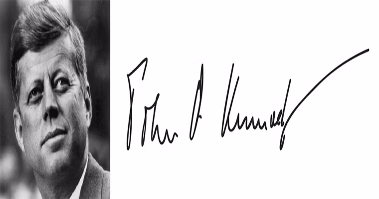 Chữ ký của cựu Tổng thống Mỹ John F. Kennedy, người lãnh đạo nước Mỹ trong khoảng thời gian từ ngày 20/1/1961 cho đến khi ông bị ám sát vào ngày 22/11/1963.