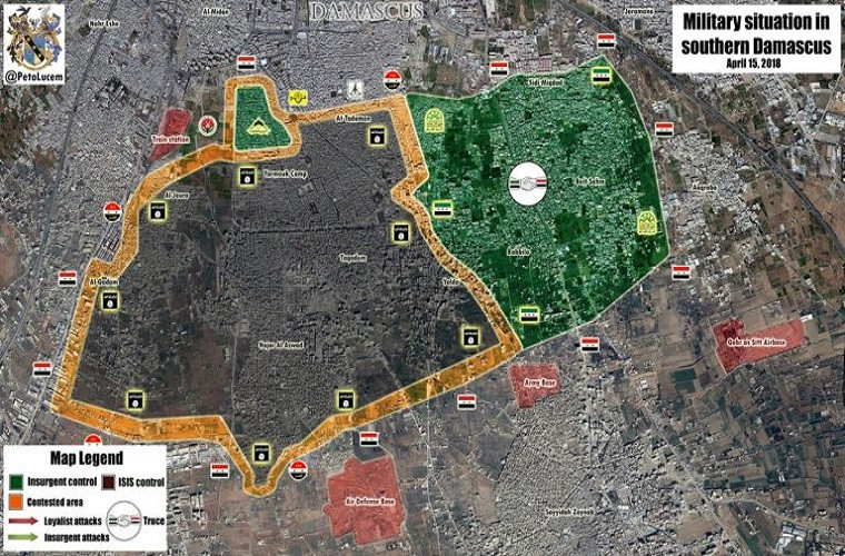 Bản đồ tình hình chiến sự tại Nam Damascus ngày 15/4/2018. Ảnh: SF.