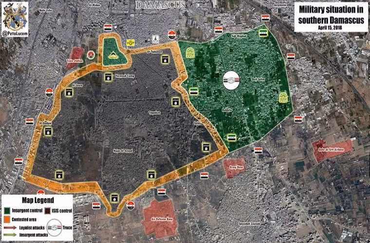 Bản đồ tình hình chiến sự tại Nam Damascus ngày 15/4/2018. Ảnh: SF.