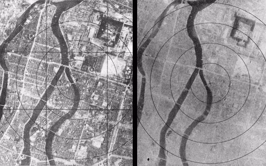 Thành phố Hiroshima (Nhật Bản) trước và sau khi bị Mỹ ném bom nguyên tử năm 1945.