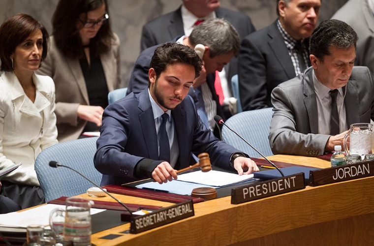 Năm 2015, Thái tử Hussein trở thành người trẻ tuổi nhất chủ trì một cuộc họp tại Hội đồng Bảo an Liên Hợp Quốc.