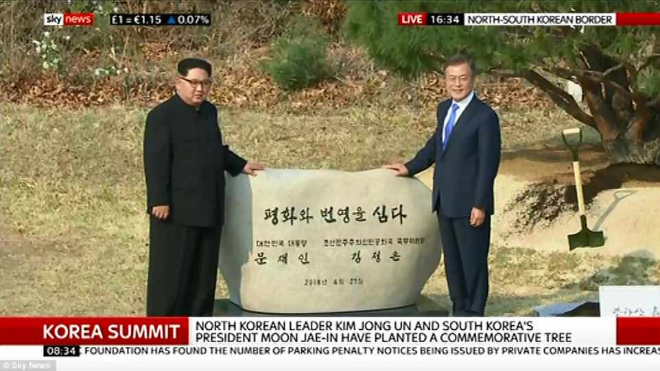 Tảng đá đặt cạnh cây thông này khắc dòng chữ mang nội dung: “Cây hòa bình và thịnh vượng” có chữ ký của hai ông Moon và ông Kim. Ảnh: Sky News.