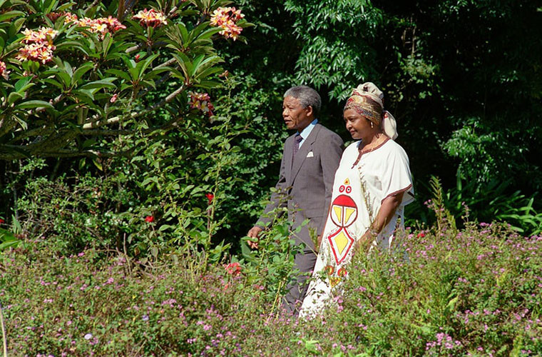 Ông bà Mandela đi dạo trong khu vườn ở Cape Town một ngày sau khi ông Mandela được phóng thích năm 1990. Ảnh: Getty.