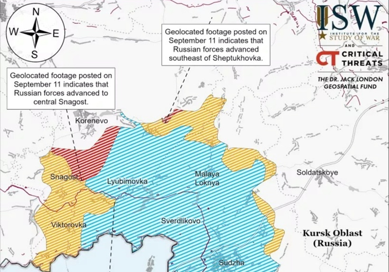 Tại khu vực Korenevo, Quân đội “phương Bắc” của Nga tiếp tục tiến về phía đông và đạt được tiến bộ đáng kể trên phòng tuyến Viktorovka-Obukhovka. Đồng thời, Quân đội Nga đã đẩy lùi quân Ukraine ở khu vực Lyubimovka. Ngoài ra, Quân đội Ukraine cũng đã tiến hành các cuộc phản công ở những nơi như Uspenivka và Darino gần biên giới. Hiện chưa rõ ai kiểm soát những nơi này. Ảnh: Newsweek.