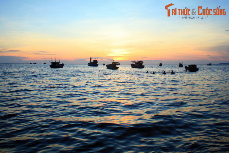 Ánh sáng cuối ngày rực rỡ trên những con thuyền, nhìn từ bãi Đất Đỏ, gần An Thới.
