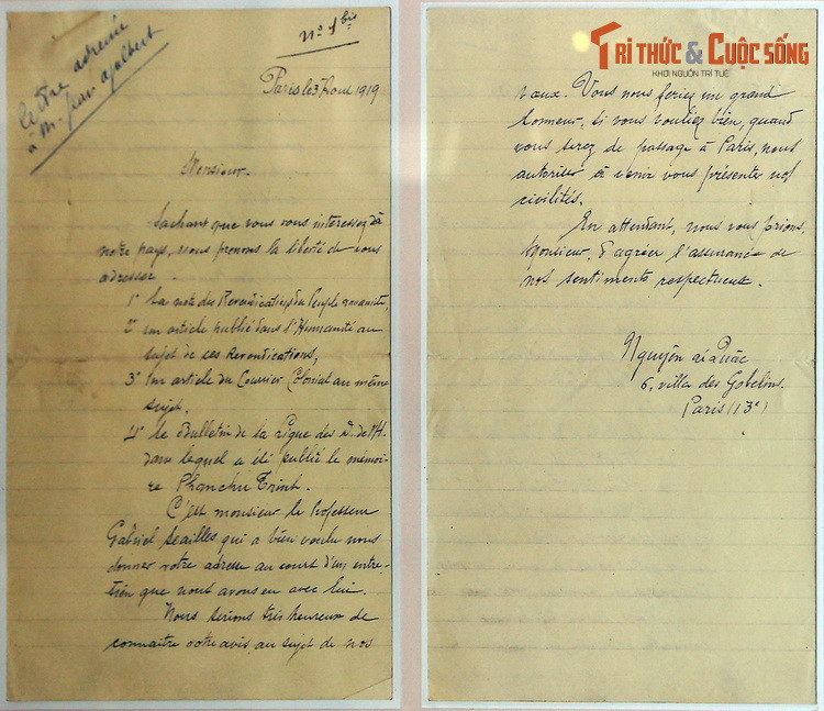 Thư của lãnh tụ Nguyễn Ái Quốc gửi ông Jean Ajelbert về các vấn đề liên quan đến bản "Yêu sách 8 điểm" và một số thông tin cá nhân, 3/8/1919.