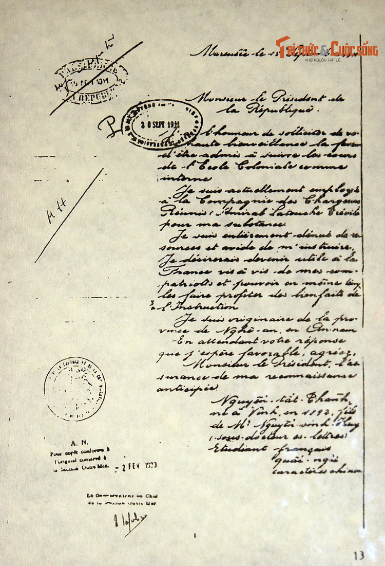 Thư gửi Tổng thống Pháp của Nguyễn Tất Thành, 15/9/1911.