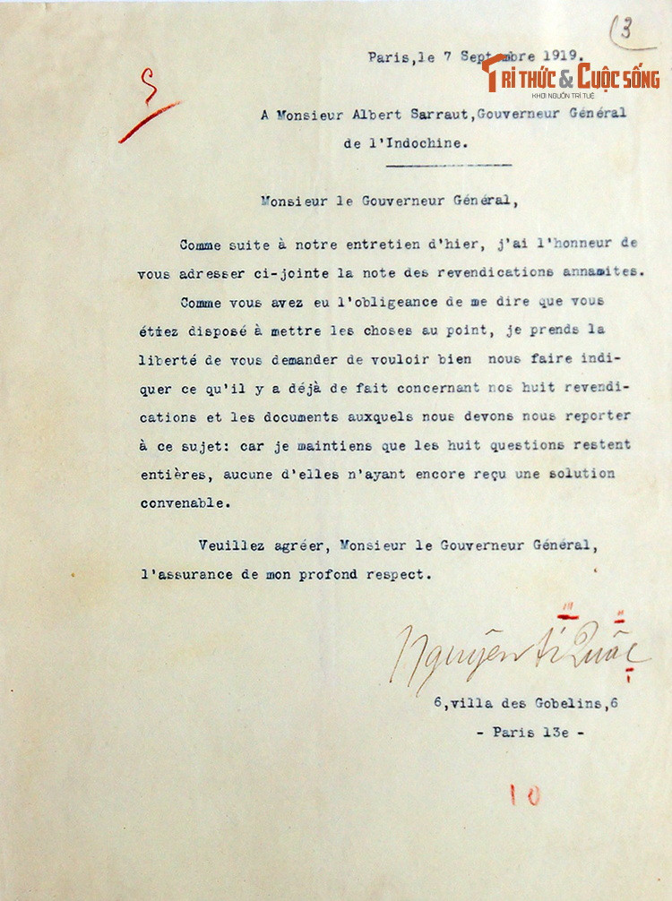 Thư đánh máy có chữ ký của lãnh tụ Nguyễn Ái Quốc, gửi Toàn quyền Đông Dương Albert Sarraut, chất vấn về việc thực hiện bản "Yêu sách 8 điểm" ở Việt Nam, 7/9/1919.