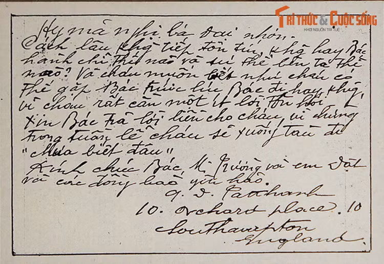 Thư của Nguyễn Tất Thành gửi cụ Phan Châu Trinh từ Southampton, thông báo chuẩn bị lên tàu rời khỏi nước Anh, 1914.