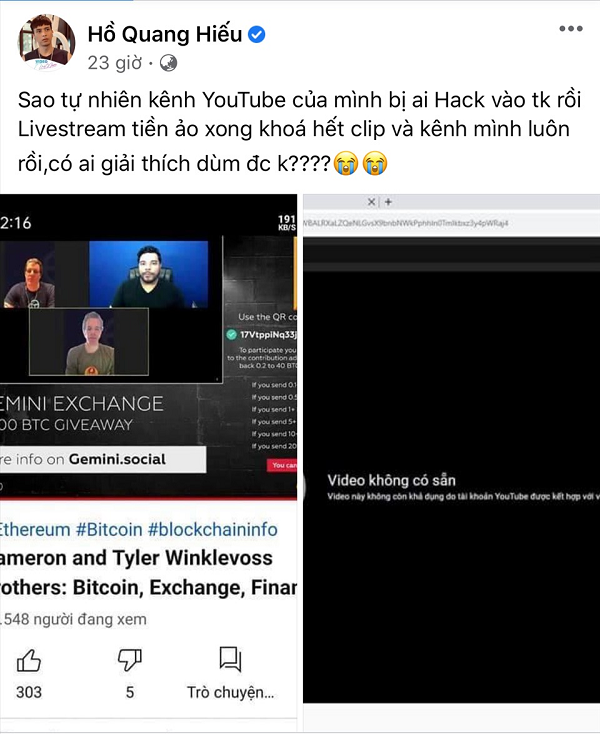 Trước Trấn Thành, nhiều sao Việt cũng không may bị hacker "ghé thăm". Hồ Quang Hiếu vô cùng hoang mang khi kênh Youtube 2,5 triệu lượt theo dõi của mình bị hacker chiếm giữ.