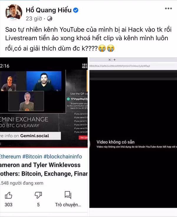 Trước Trấn Thành, nhiều sao Việt cũng không may bị hacker "ghé thăm". Hồ Quang Hiếu vô cùng hoang mang khi kênh Youtube 2,5 triệu lượt theo dõi của mình bị hacker chiếm giữ.