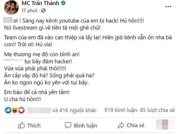 Anh chàng được phen hú vía và lập tức lên trấn an người hâm mộ thông qua Facebook. Và cũng không quên thể hiện sự bực tức của mình với hacker kia.