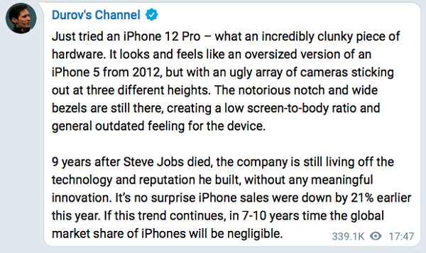 Sau khi trải nghiệm một chiếc iPhone 12 Pro mới của Apple, Pavel Durov đã có những lời chê bai thậm tệ dành cho chiếc smartphone này trên trang Telegram cá nhân.