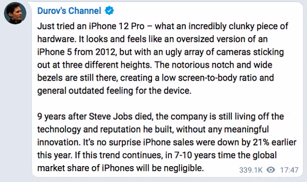 Sau khi trải nghiệm một chiếc iPhone 12 Pro mới của Apple, Pavel Durov đã có những lời chê bai thậm tệ dành cho chiếc smartphone này trên trang Telegram cá nhân.
