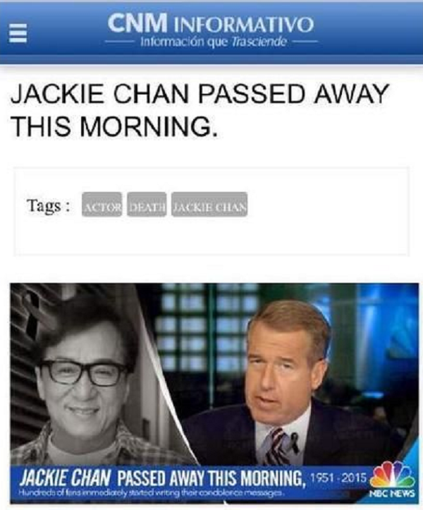 Ngày 15/5/2015, Thành Long vừa đặt chân xuống máy bay liền nghe có thông tin từ một trang mạng CNM đăng tải thông tin: "Sáng hôm nay Thành Long đã qua đời".