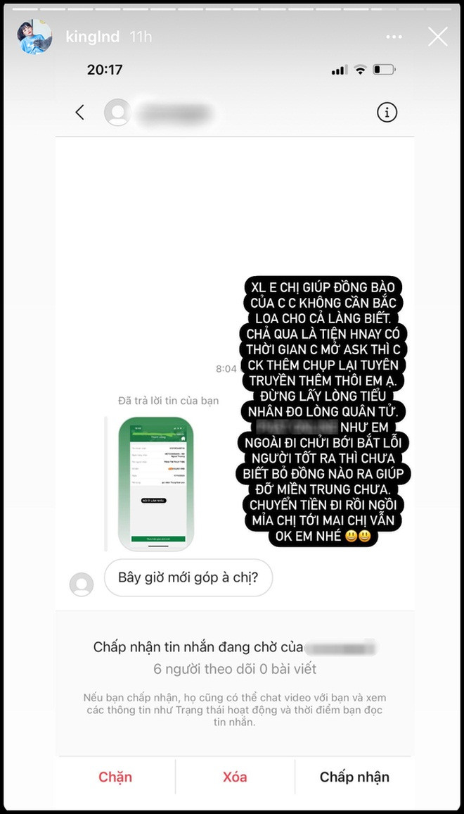 Bên cạnh đó vẫn xuất hiện tin nhắn của anti-fan với giọng điệu mỉa mai cho rằng cô ủng hộ quá muộn. Vốn thẳng tính, "Đàm tổng" không ngại đáp trả: "Đừng lấy lòng tiểu nhân đo lòng quân tử". Cô nàng cũng cho rằng việc giúp đỡ đồng bào chẳng cần "bô bô" nói cho tất cả biết.