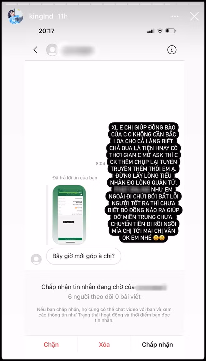 Bên cạnh đó vẫn xuất hiện tin nhắn của anti-fan với giọng điệu mỉa mai cho rằng cô ủng hộ quá muộn. Vốn thẳng tính, "Đàm tổng" không ngại đáp trả: "Đừng lấy lòng tiểu nhân đo lòng quân tử". Cô nàng cũng cho rằng việc giúp đỡ đồng bào chẳng cần "bô bô" nói cho tất cả biết.