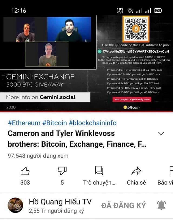 Kênh YouTube của nam ca sĩ bị hack để livestream các video về tiền ảo.