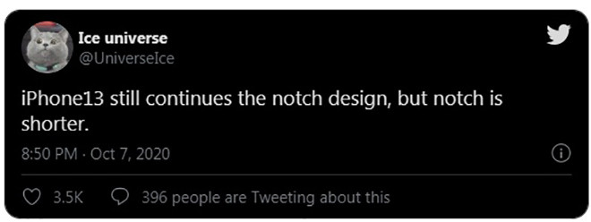 Nguồn tin quen thuộc Ice Universe đã chia sẻ một trạng thái tweet gợi ý iPhone 13 sẽ vẫn duy trì thiết kế ”tai thỏ” thế nhưng phần notch sẽ được làm mỏng đi nhưng chiều dài vẫn sẽ tương đương với thế hệ 12.