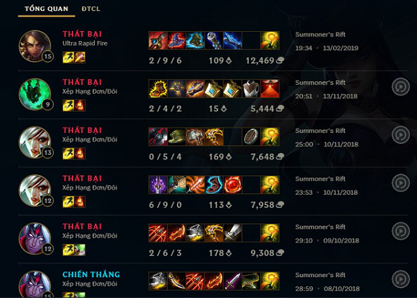 Ngoài ra, nghía qua lịch sử đấu của tài khoản LMHT có nick-name Da Poet, có thể thấy trận đấu gần nhất đã diễn ra từ tháng 2/2019 (và lại là một chuỗi thua nữa).