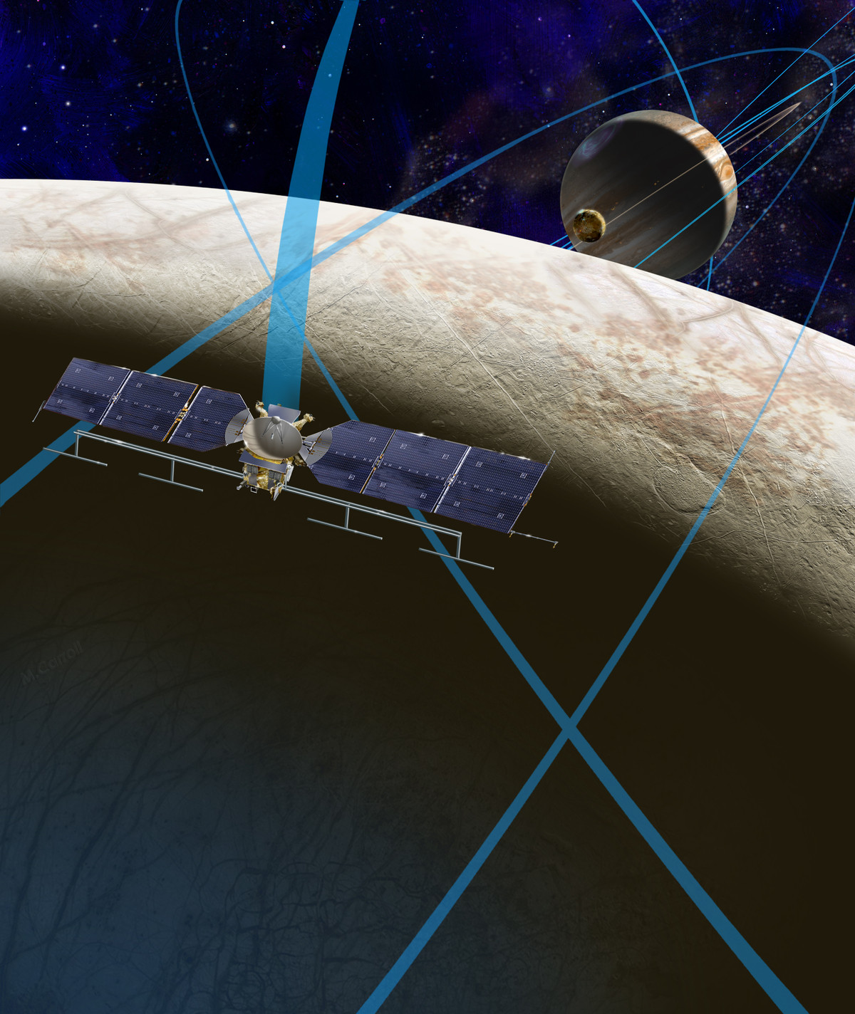 Europa Clipper sẽ bay nhiều chuyến ngang qua mặt trăng Europa của sao Mộc để thu thập thông tin và xác định xem mặt trăng băng giá này có các điều kiện thích hợp cho sự sống hay không.