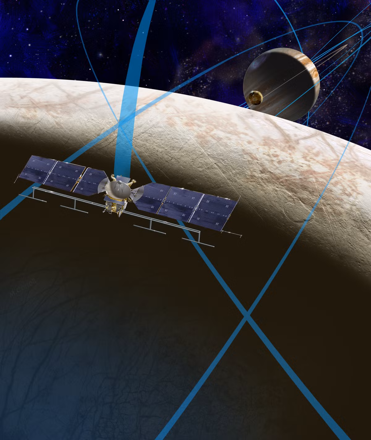 Europa Clipper sẽ bay nhiều chuyến ngang qua mặt trăng Europa của sao Mộc để thu thập thông tin và xác định xem mặt trăng băng giá này có các điều kiện thích hợp cho sự sống hay không.